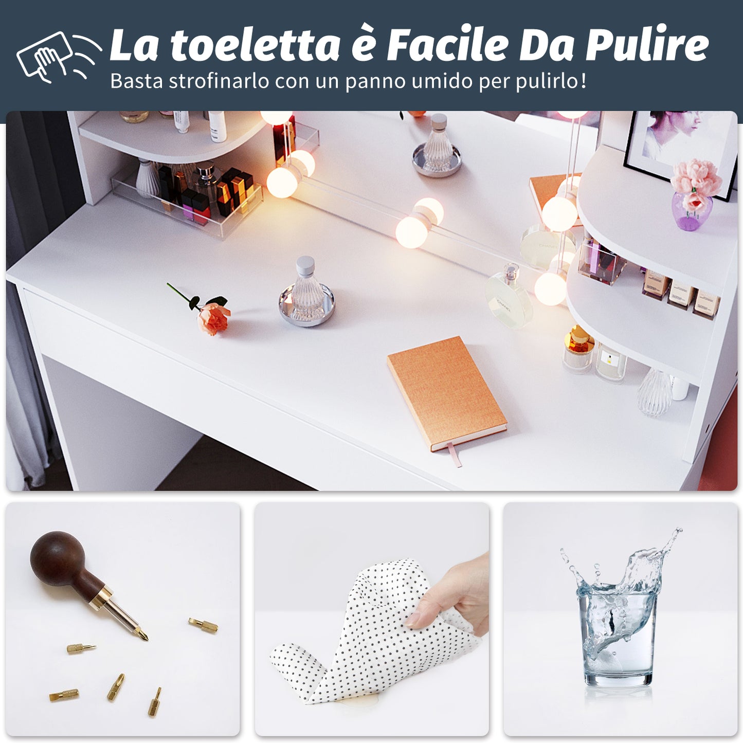 SONNI bianco toeletta con specchio 108x40x140 cm