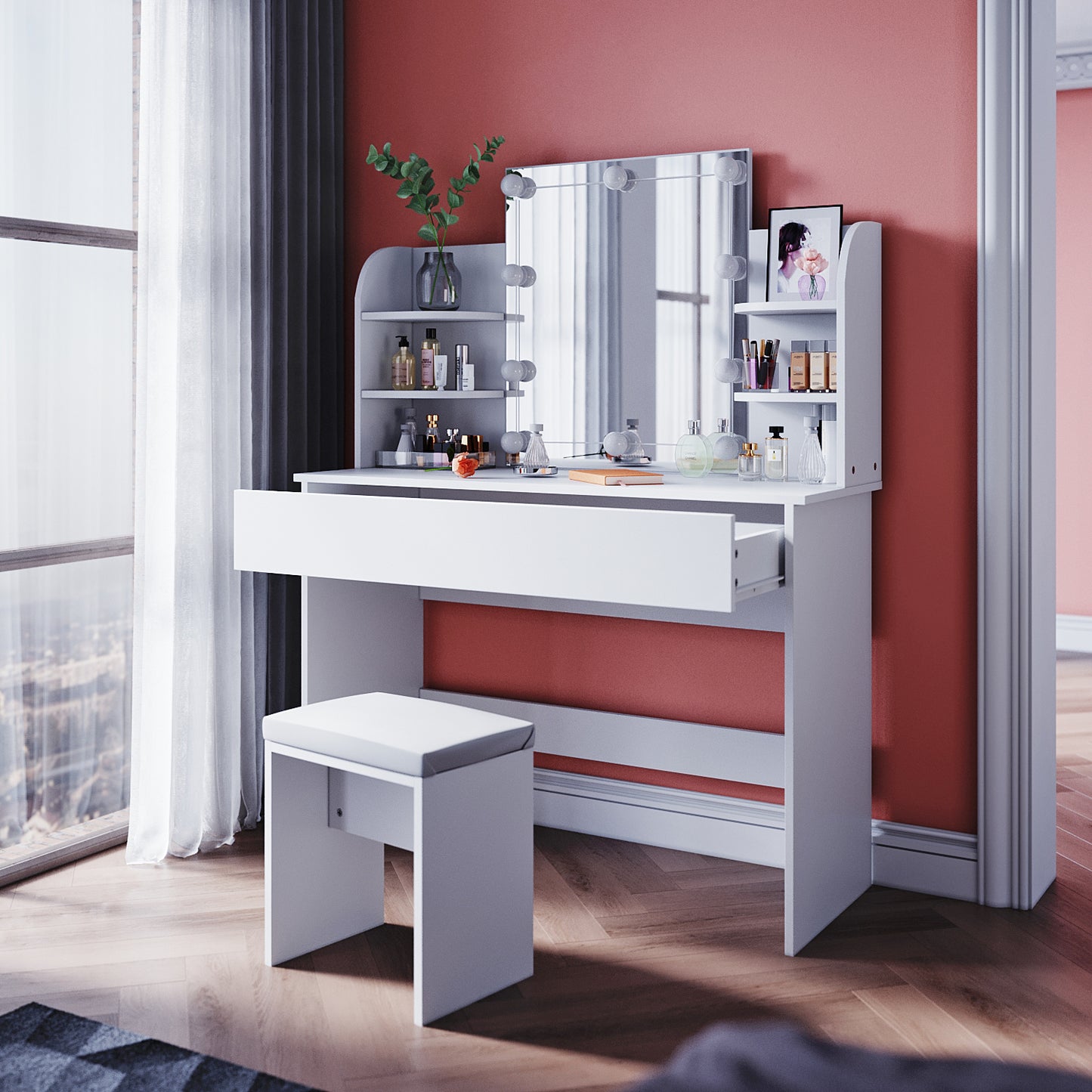 SONNI bianco toeletta con specchio 108x40x140 cm