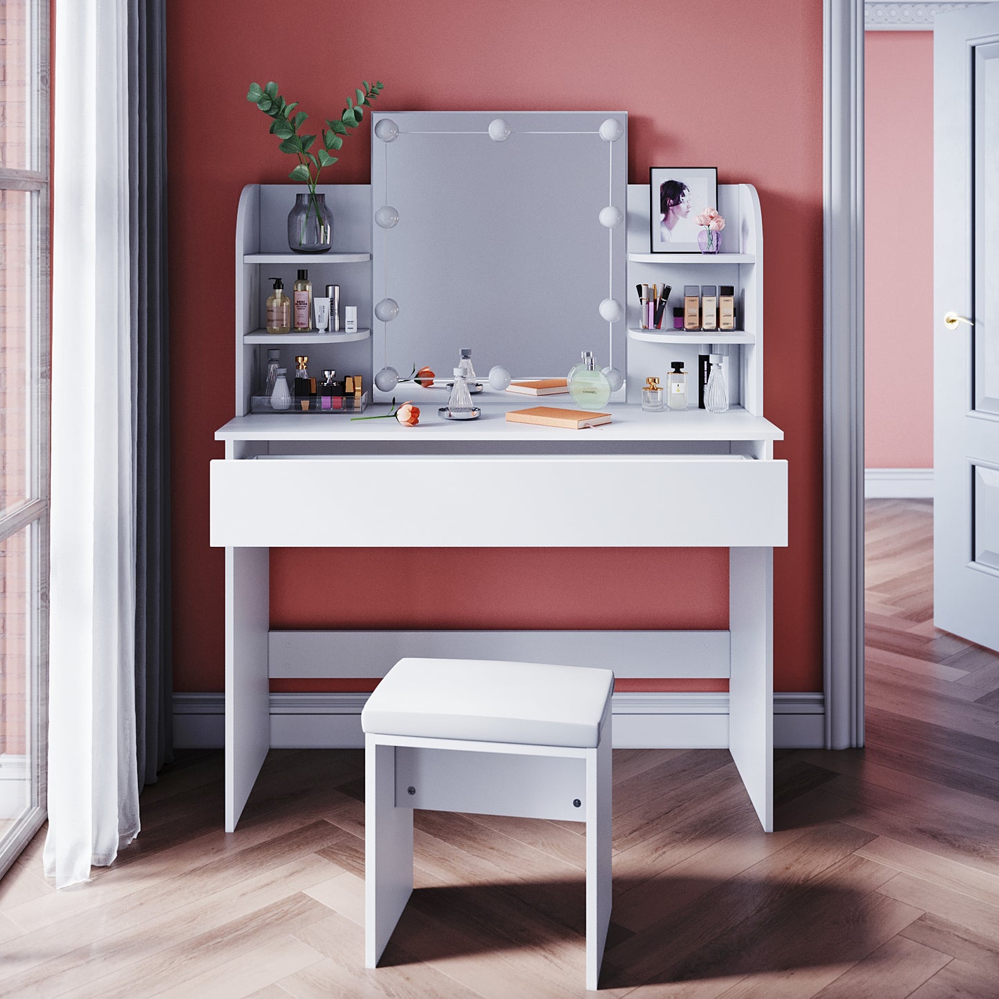 SONNI bianco toeletta con specchio 108x40x140 cm