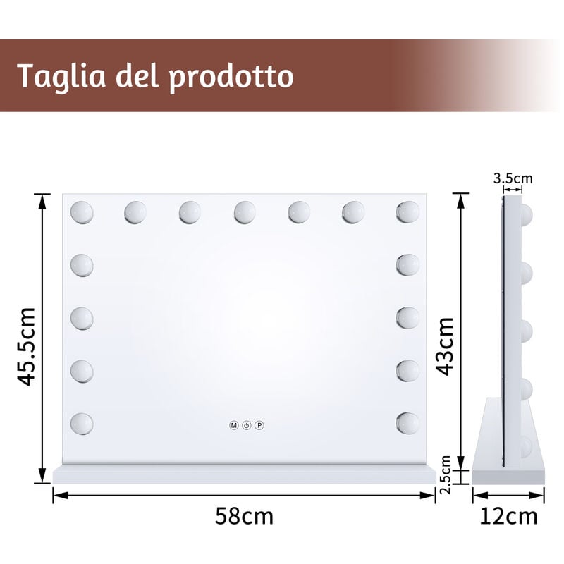 SONNI Specchio Trucco con luci tricolore regolabile 58x45.5x12 cm