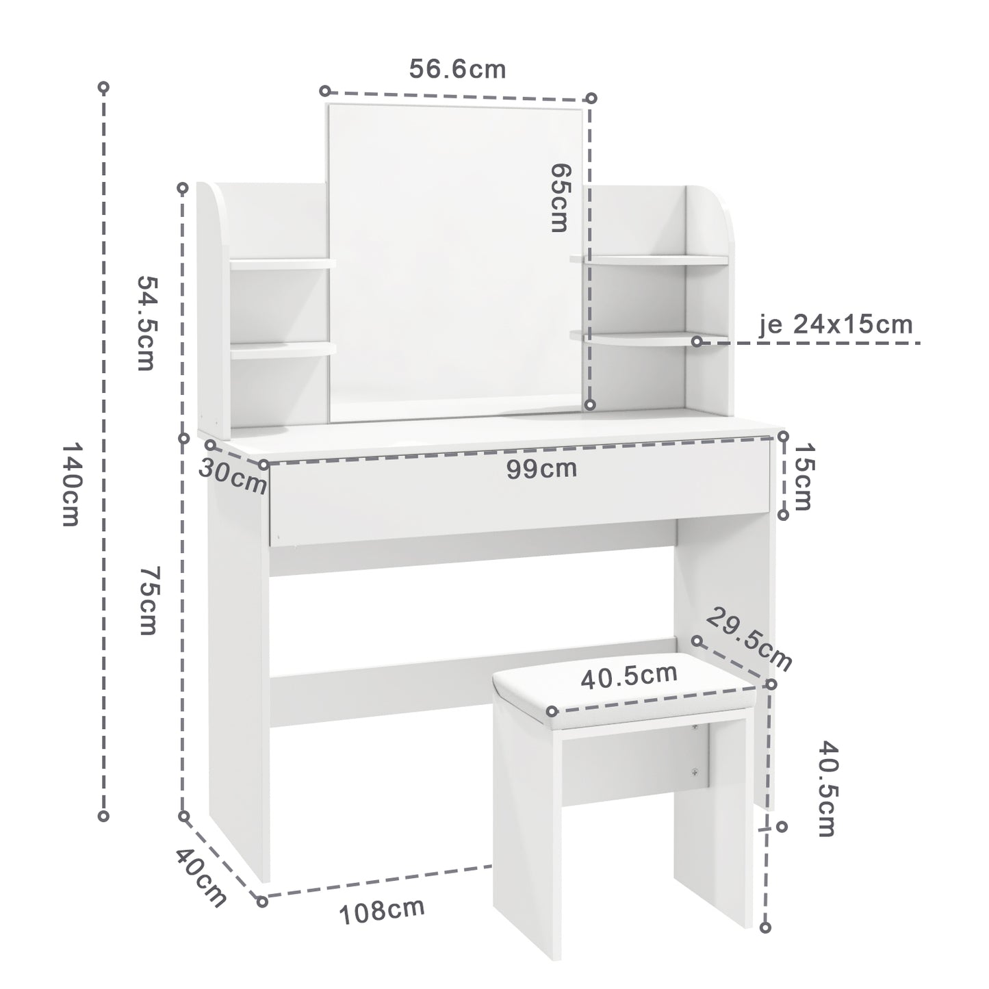 SONNI bianco toeletta con specchio 108x40x140 cm