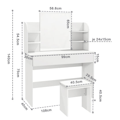 SONNI bianco toeletta con specchio 108x40x140 cm