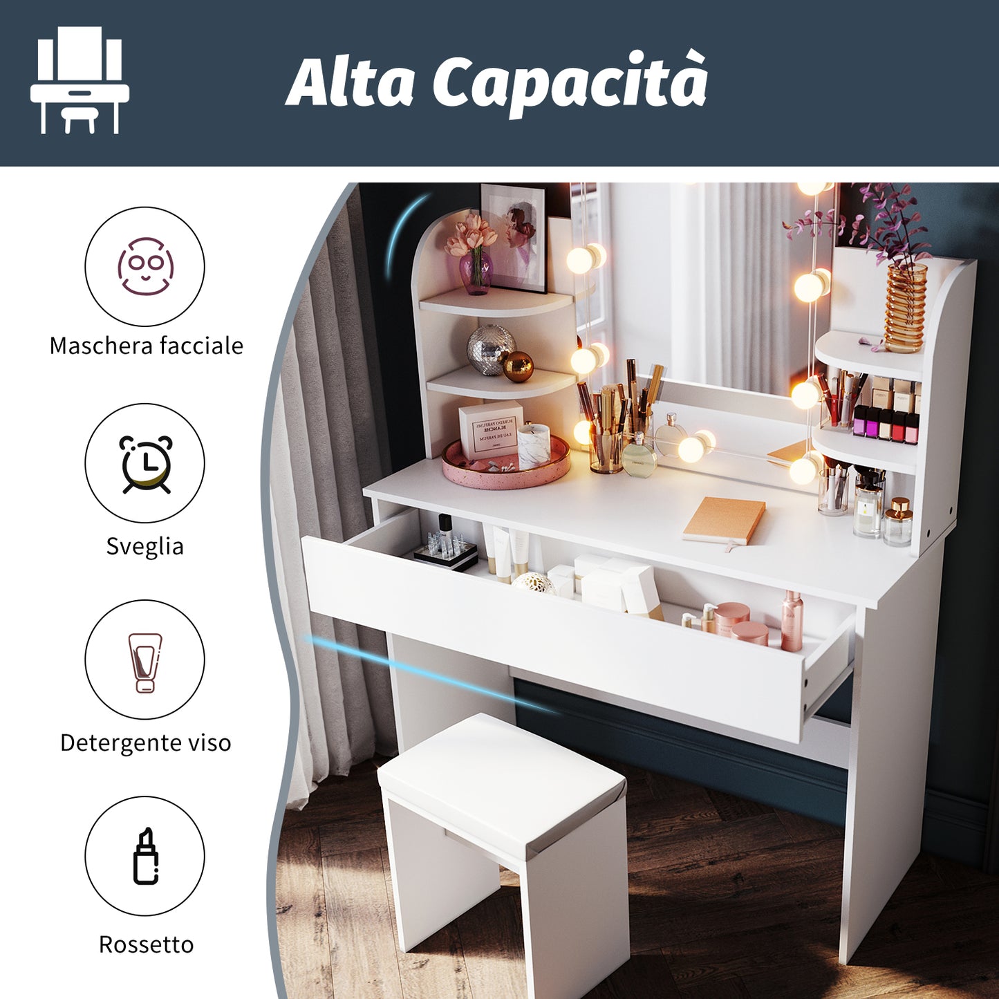 SONNI bianco toeletta con specchio 108x40x140 cm