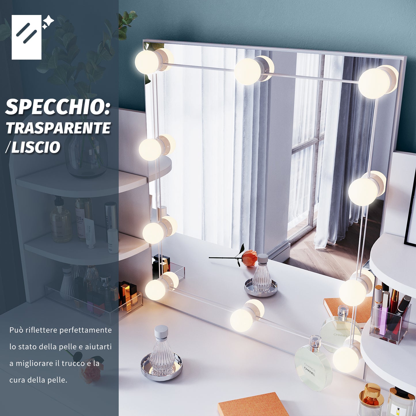 SONNI bianco toeletta con specchio 108x40x140 cm